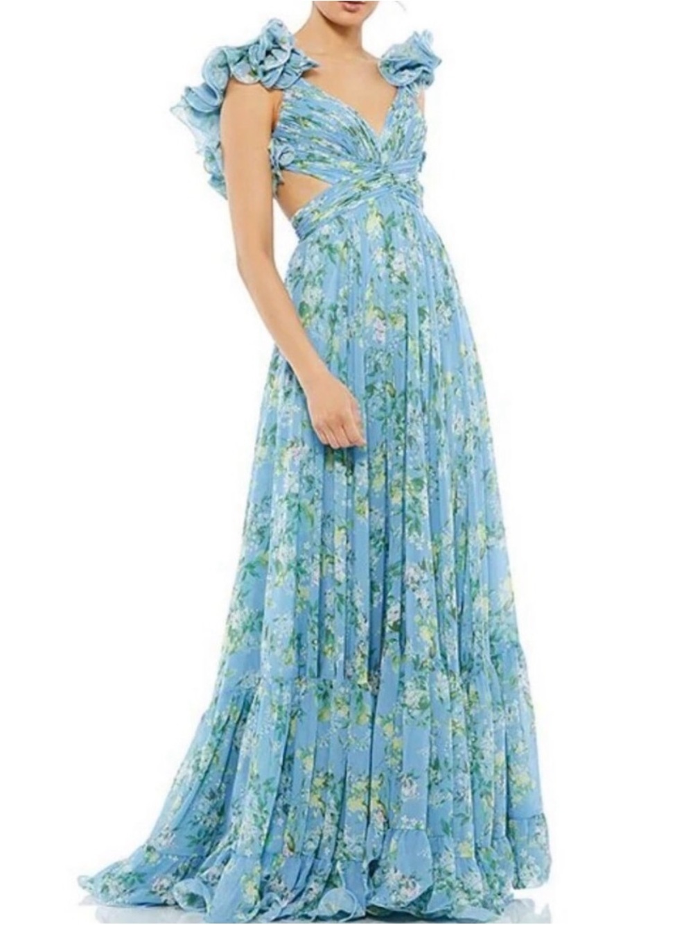 Mac Duggal Sky Blue Floral Maxi with Ruffle Cap Sleeves
